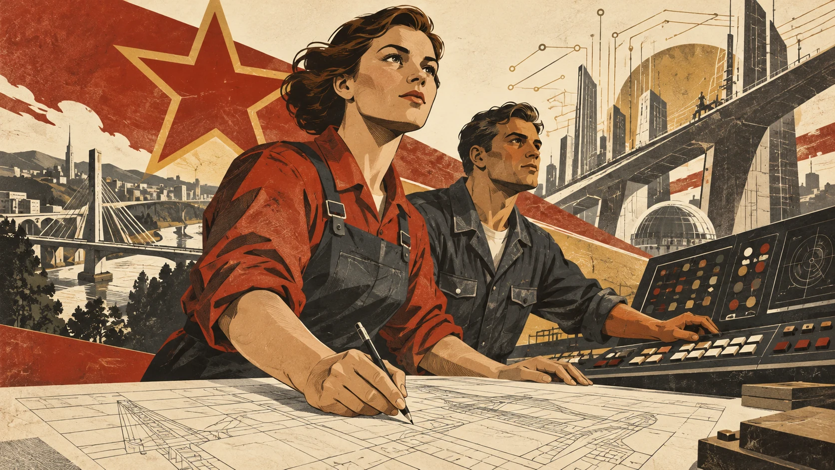 Inženjerka i inženjer grade grad budućnosti — ilustracija u stilu retro plakata.