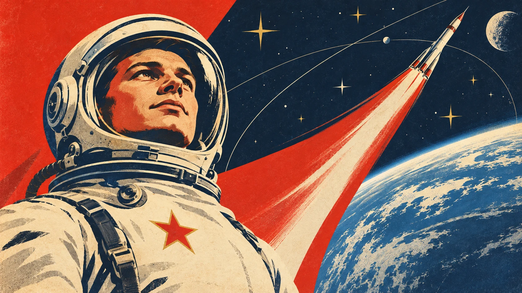 Kosmonaut i raketa iznad Zemlje, ilustracija u stilu svemirskih plakata.